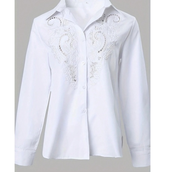 Plus White Floral Embroidered Cut out Button Down Shirt - Picture 2 of 5